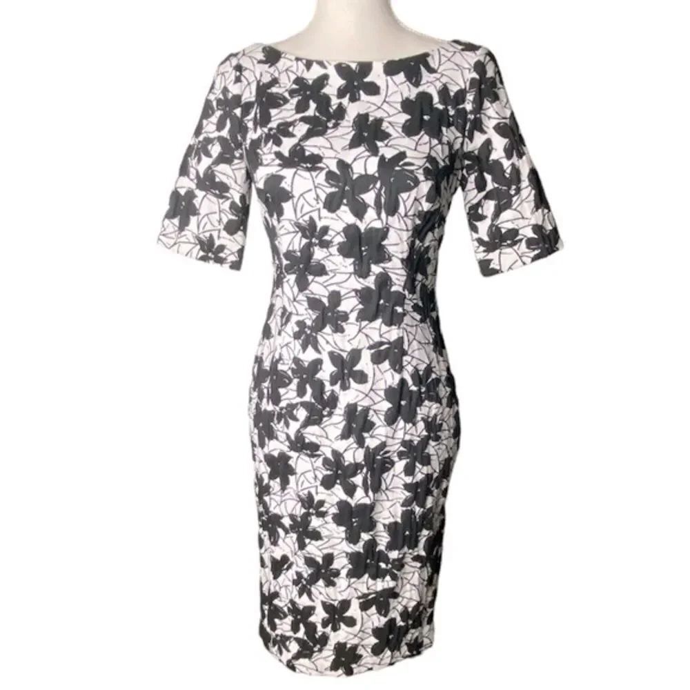 CALVIN KLEIN Wm’s Sz 6 Black White Floral Jacquard Stretch Retro Sheath Dress